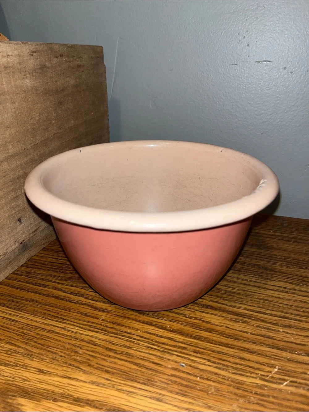 Vintage Primitive Thick Metal Enamelware Pink Mixing Bowl 7